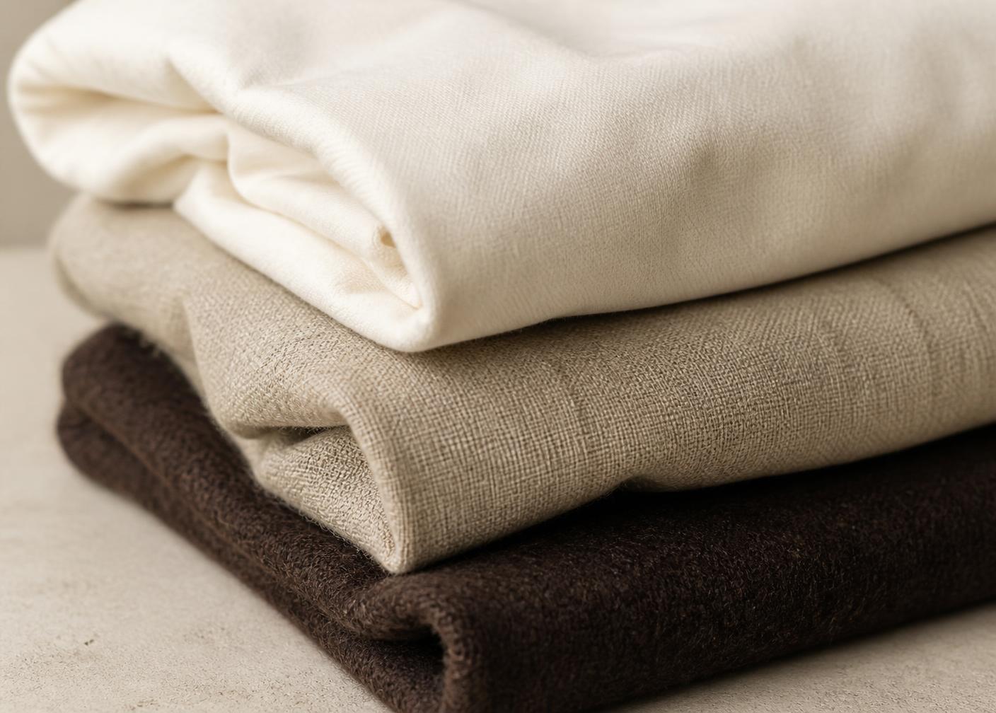Folded ivory, beige and espresso fabrics in natural light