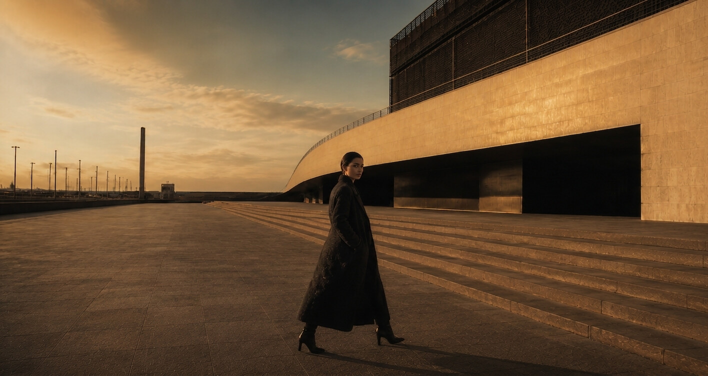 Woman in a long charcoal coat crossing an empty plaza at golden hour