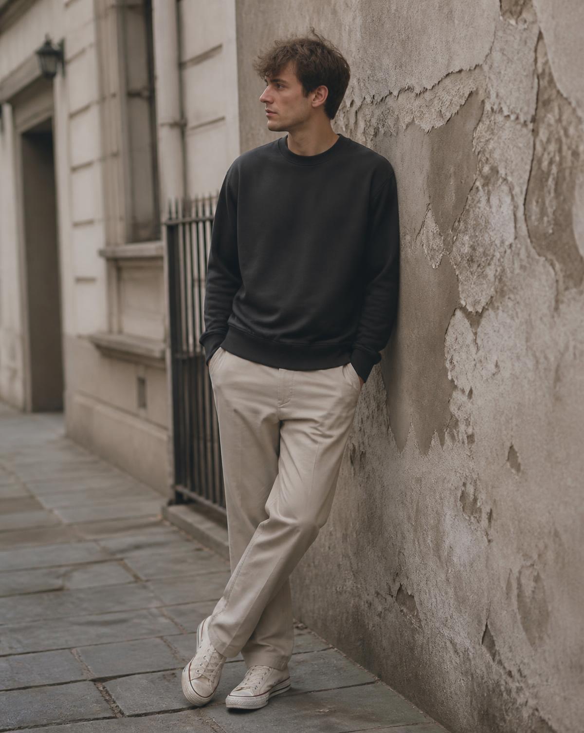 Man in a charcoal sweatshirt and stone chinos on a quiet street